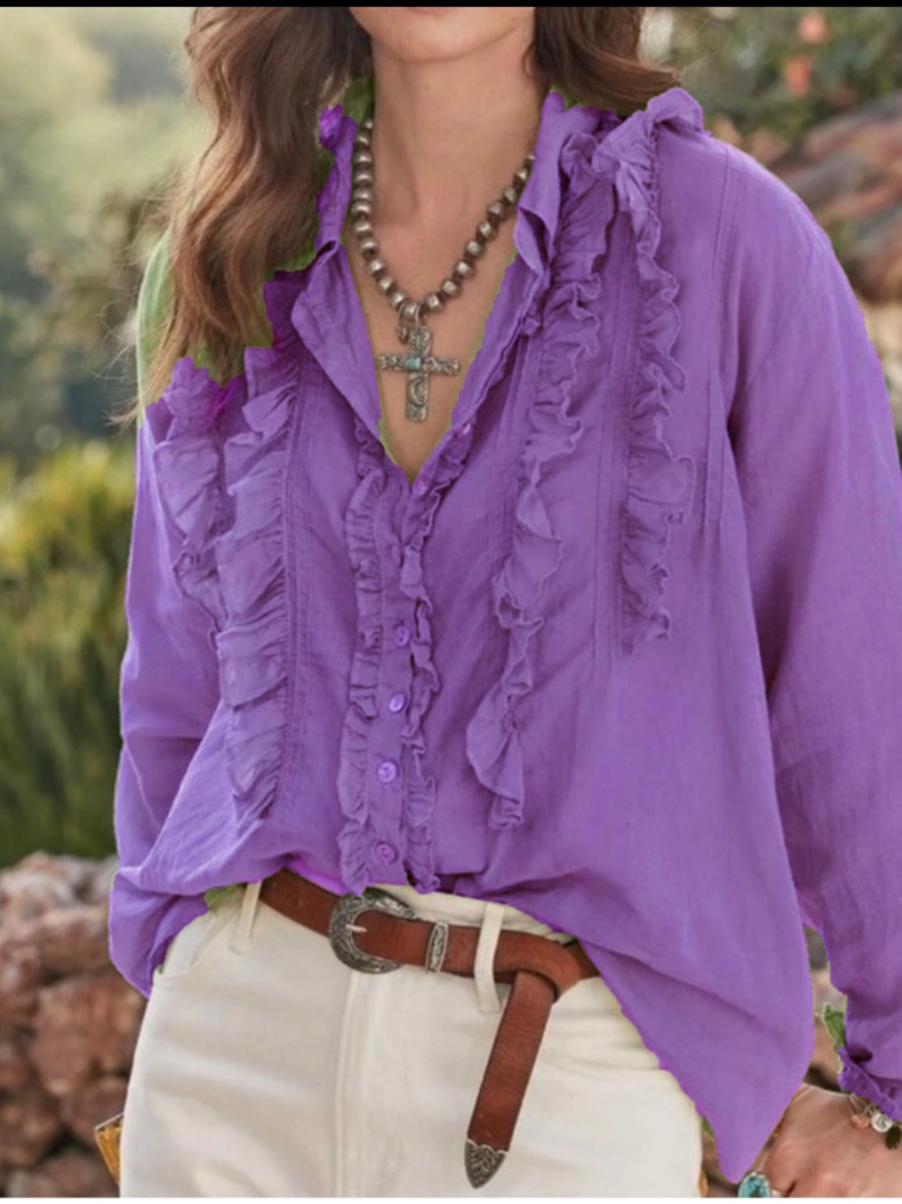 JP And Mattie Blanchard Ruffle Button Down Blouse in Purple L NWT